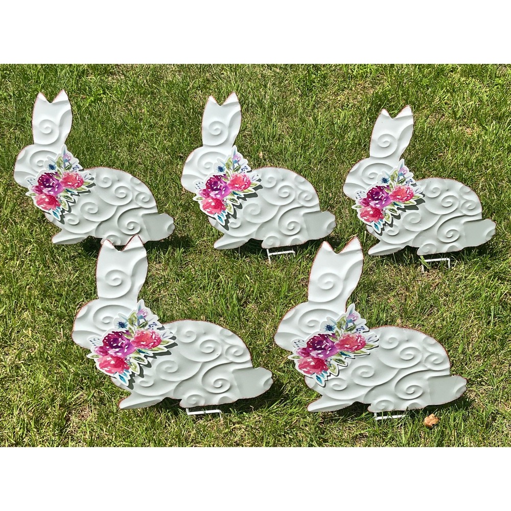 Set of 5 Metal Easter Bunny Garden Stakes White Floral Rabbit Yard Decor 16"x11"